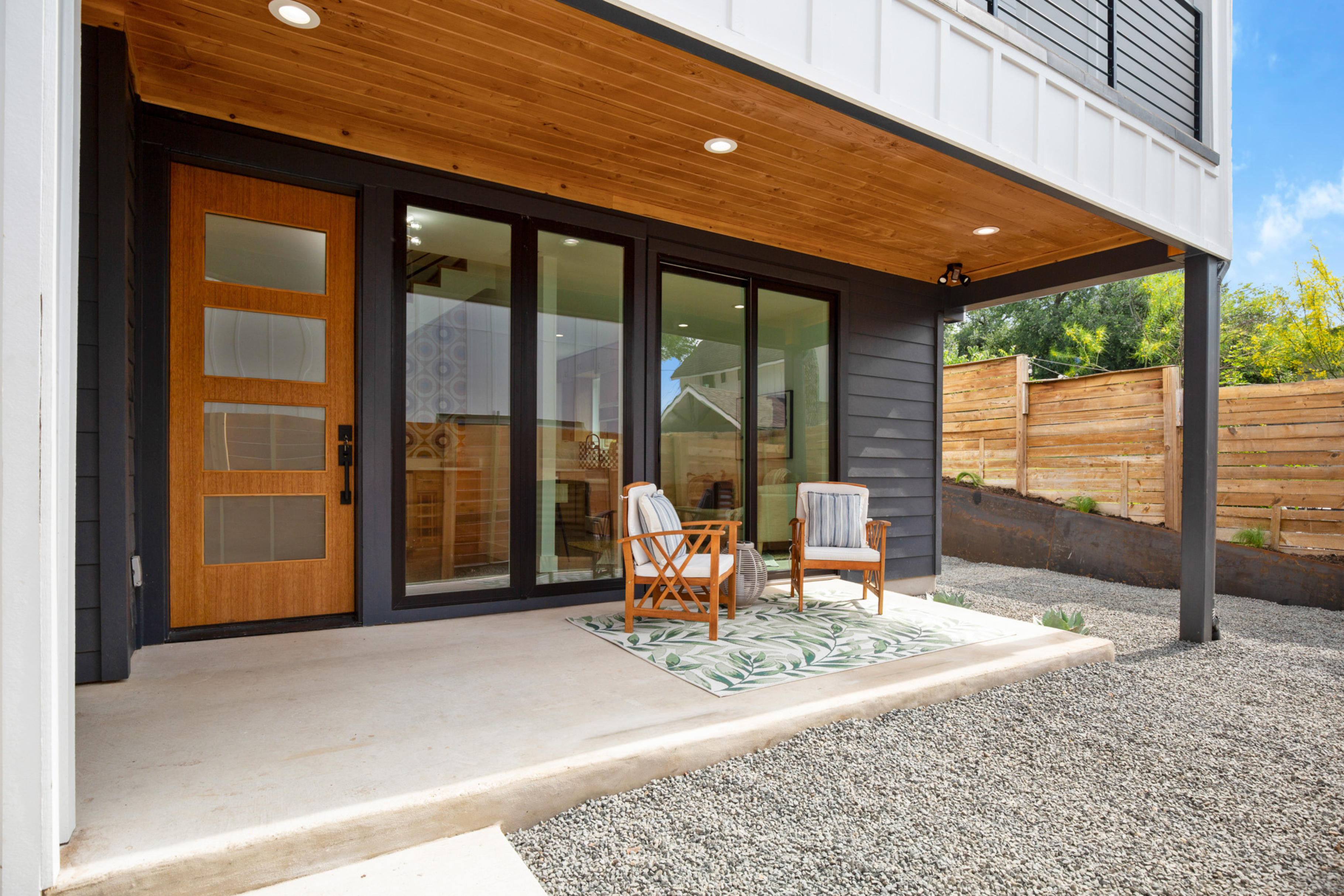 Outside patio and backyard of a custom built home in Austin, Texas.