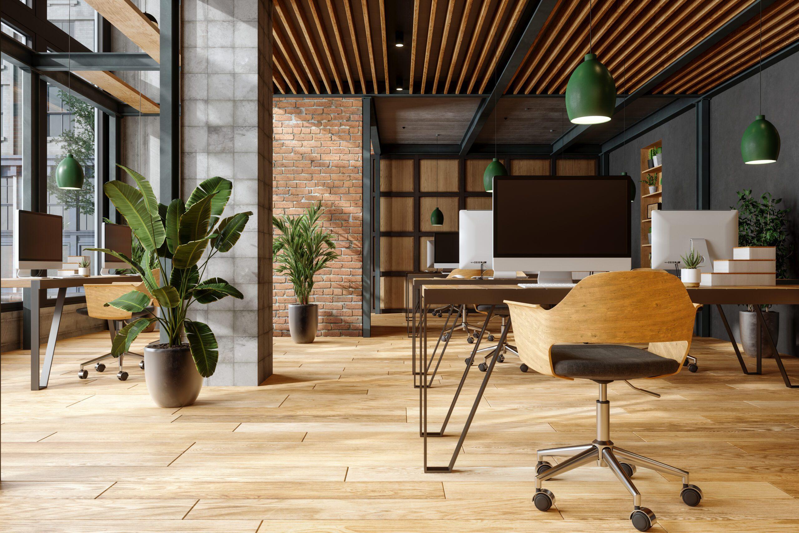 Office space minimalistic open concept renovation with light hardwood floors and beams.